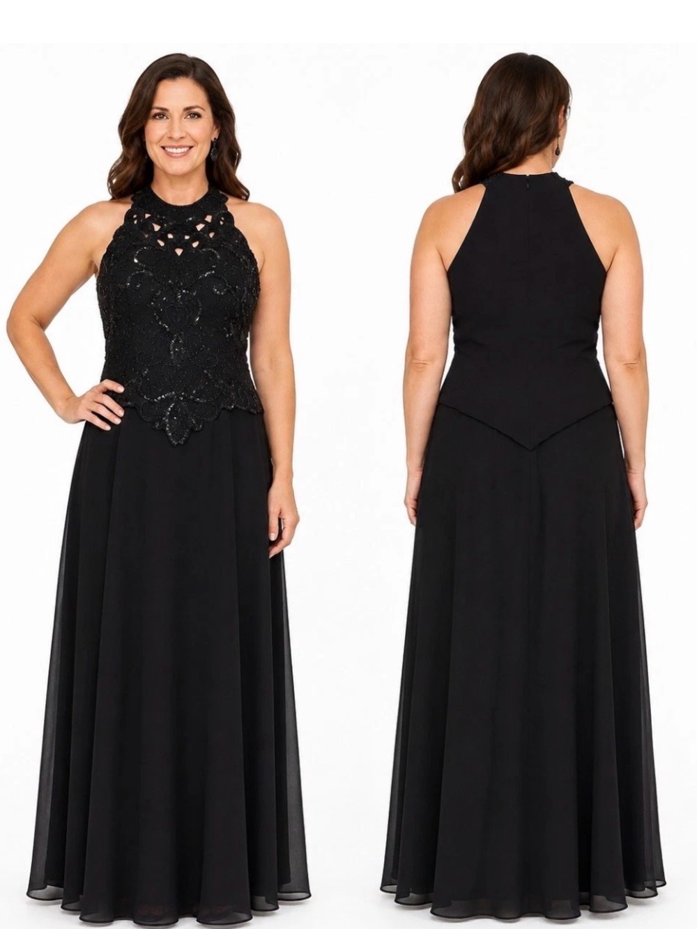 KAREN MILLER / 10/ Black Beaded Halter Evening Gown - Women's Formal Dress/